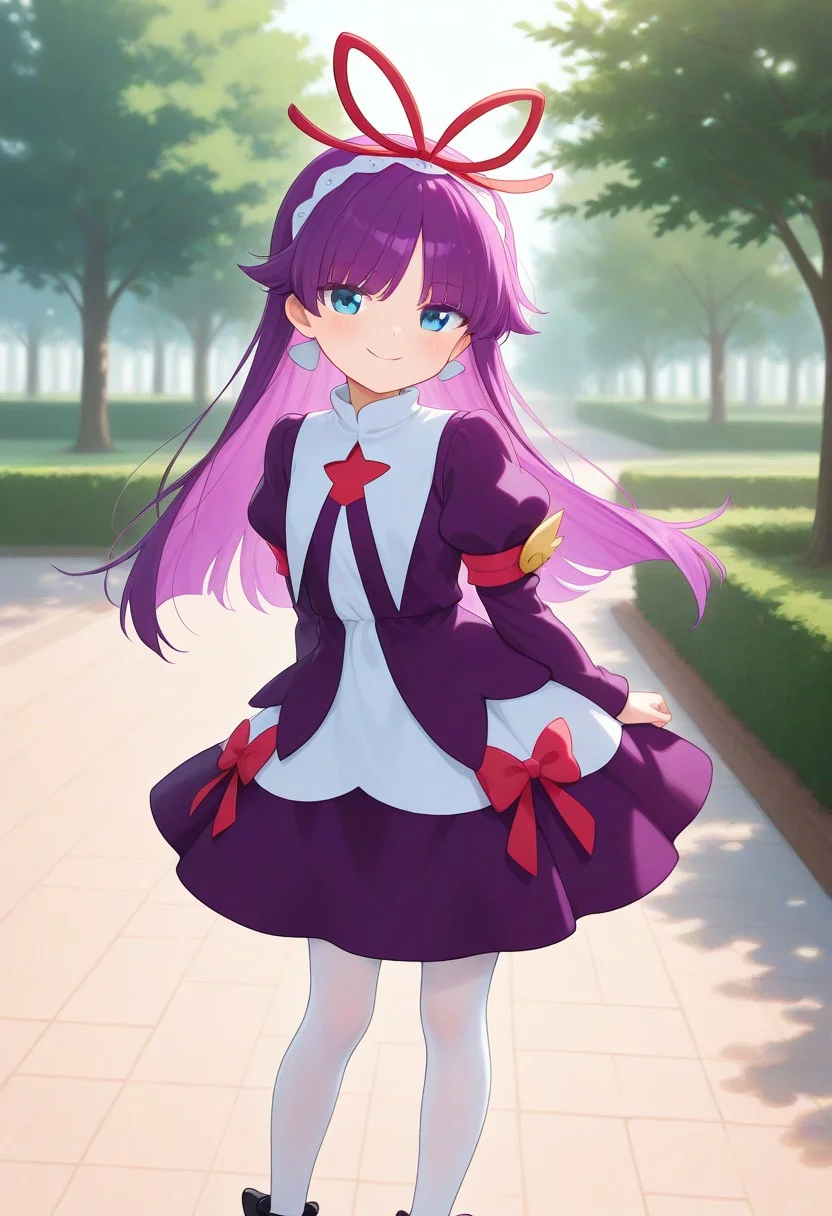 <lora:PFeli_SDXL_Illustrious01_fp16_ver01:1>,PFeli, 1girl, long hair,purple hair, white pantyhose, dress,red ribbon, blue eyes, black footwear, long sleeves, red bow, hairband, cute pose, smile, standing, park, look at viewer, lovely, cute, adorable, newest, masterpiece, best quality, very aesthetic, absurdres,<lora:detailed_hands:1>,hand