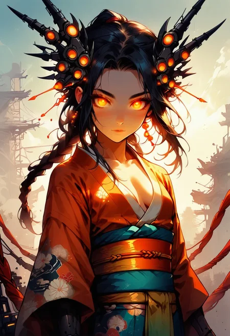 score_9, score_8_up, (1girl cute petite young)) , character focus:1.1, (dynamic angle:1.2), high resolution, 8k, sharp, a cute girl, cute eyes, detail eyes, (kimono, japanese clothes:1.2), (small breasts), cleavage, (sagging breasts:0.6), slender, (pale skin:0.8), black hair, long hair, braid, cowboy shot, (dutch angle:1.2), dynamic pose, god rays, light, gold and black skin, sky, advntr, reelmech, mechanical parts, cable, wires, machinery, joints, body suit, glowing, glowing eyes, black hair,