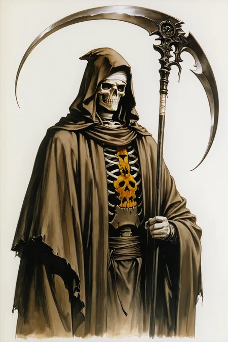 skeleton,scythe,holding,cloak,white background,skull,hood,bandages,simple background,solo,robe,upper body,bandaged head,hat,traditional media,the god of death,no humans,
<lora:Ayami Kojima_illustriousXL:1.2>,
