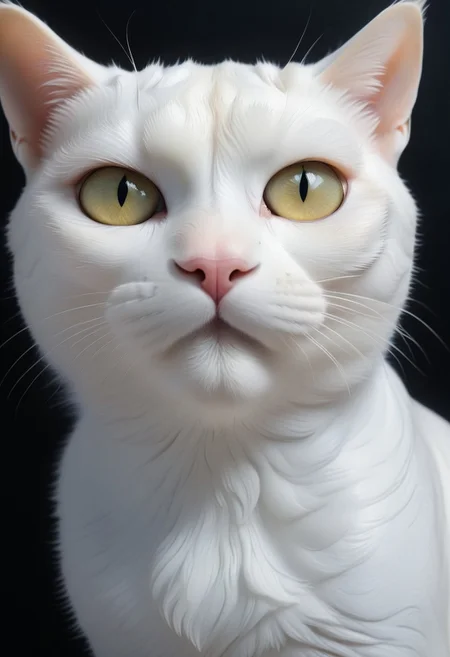 A very realistic extreme upper body photograph of a white cat with strikingly beautiful and unrealistically beautiful, fascinating golden eyes.