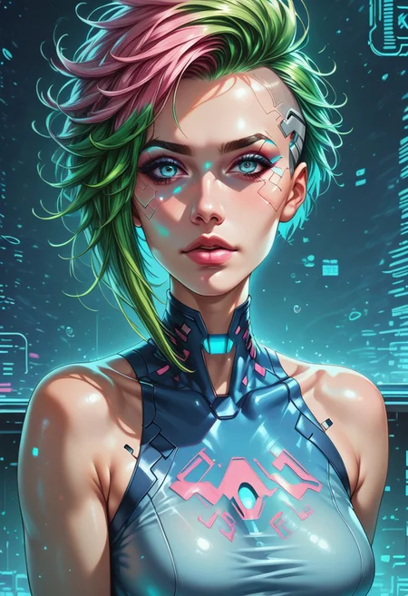 score_9,score_8_up,score_7_up,best quality,very aesthetic,absurdres,masterpiece,colourful,
1girl,solo,asymmetrical hair,short hair,blue hair,green hair,pink hair,multicolored hair,blue eyes,eyeliner,eyeshadow,makeup,bare shoulders,looking at viewer,(cyberpunk),hlpr,futuristic,hologram,glitch,holographic face,ui,interface,nodes,particles,(glowneon),(glowing), (western:0.6), (european:0.6)