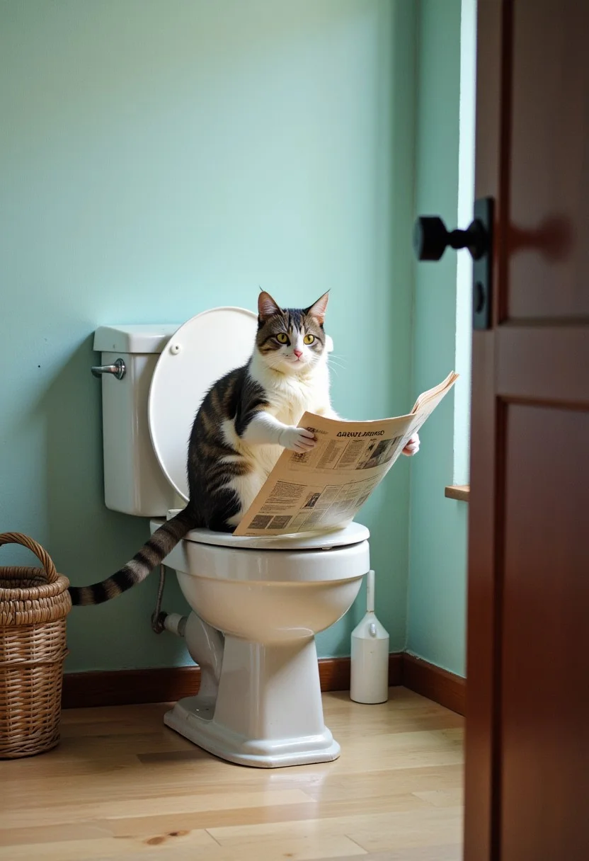 shorthair cat with white and grey fur, sitting on the toilet, reading the newspaper, ppstorybook