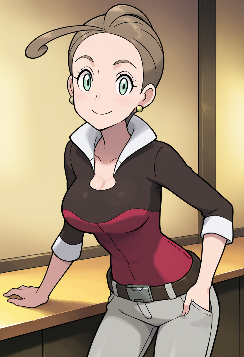 masterpiece, best quality, 1girl, solo, eyelashes, (beautiful eyes), shiny skin, looking at viewer, smile,  zzAlexa, green eyes, ahoge, brown hair, ponytail, short hair, earrings, shirt, belt, pants,     <lora:AlexaPokemon_IXL_v2:1.0>, , cowboy shot, leaning forward, smile, looking at viewer, shiny skin,