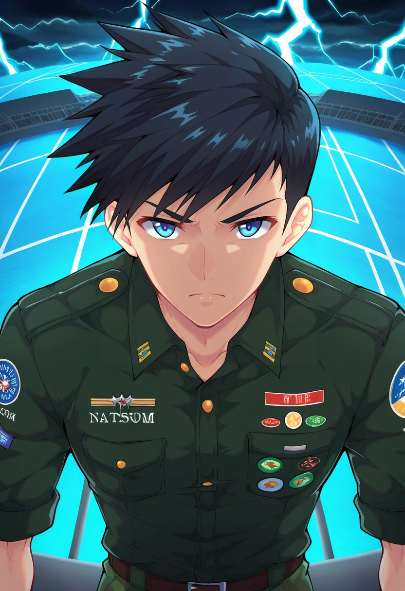 masterpiece, best quality, intricate details, , looking at viewer, , 1boy, solo, male focus, <lora:natsumi_hamasaki_ilxl:0.92>, natsumi_hamasaki, black hair, blue eyes, short hair, , storm fortress, lightning rods, weather vanes, observation deck, watchful pose, serious expression, stormy lighting,