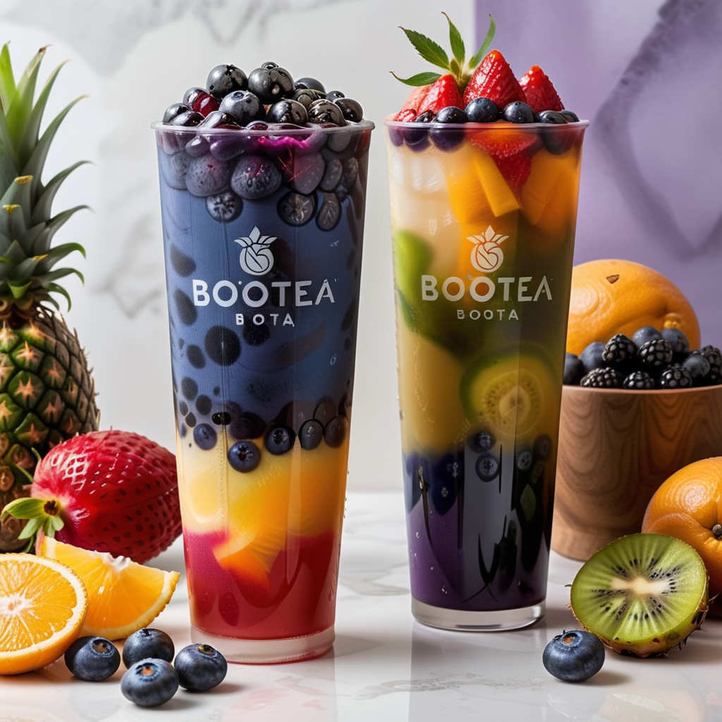 Create an image in a realistic style featuring a beverage composed of seven different colored fruit layers. Describe each layer vividly: red strawberries at the bottom, followed by orange oranges, yellow pineapples, green kiwis, blue blueberries, indigo grapes, and violet blackberries at the top. The glass should be transparent, allowing a clear view of the colorful fruit contents inside. On the glass, the text 'BOBOTEA' is elegantly inscribed, standing out against the vibrant backdrop of the drink, <lora:tteaw:0.8>,tteaw