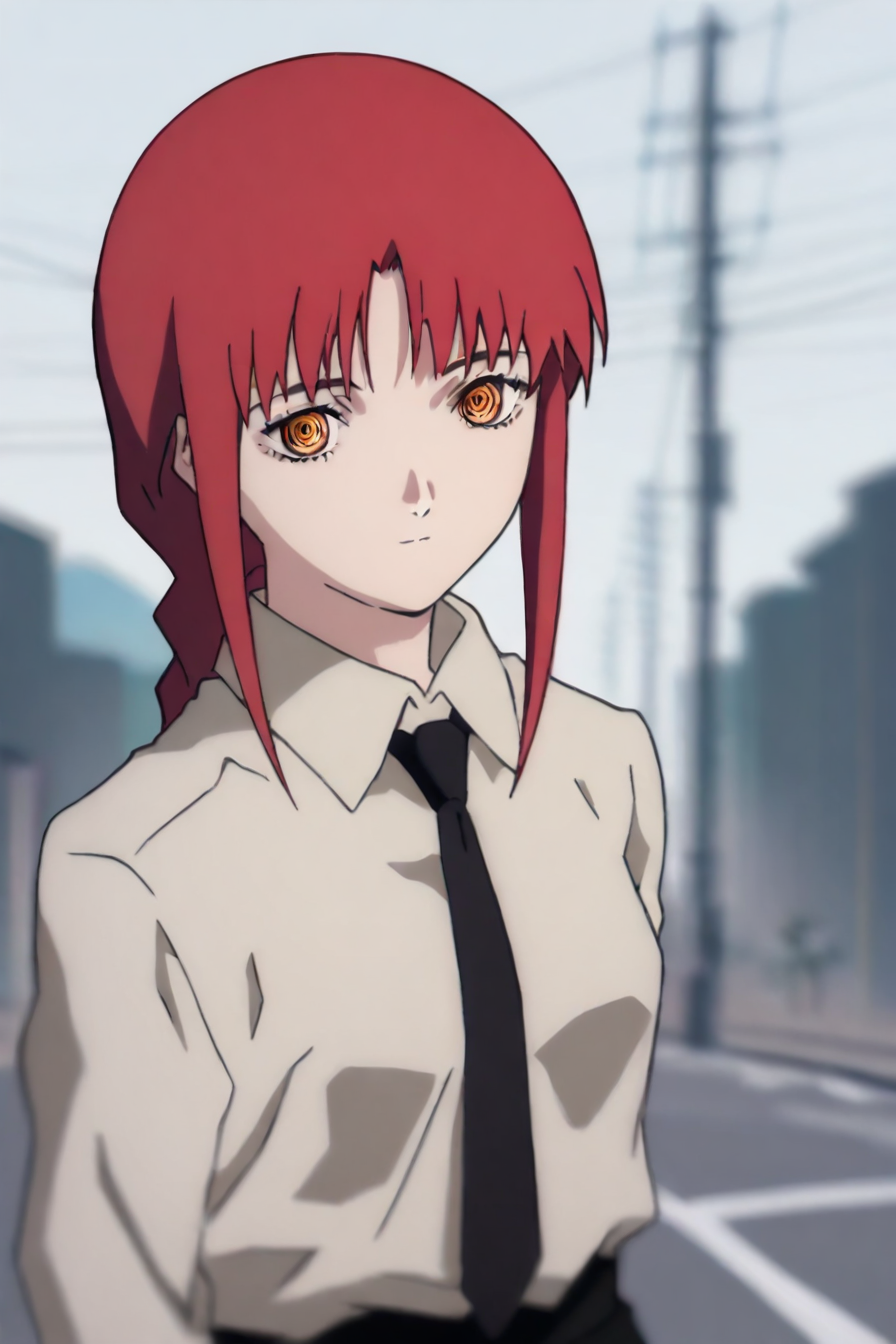 <lora:mak1ma0XL_Pony_v1:1> , mak1ma0, makima,  red hair, long hair, ringed eyes, braid, white collared shirt,black necktie, black pants, 1girl, solo, alone, upper body,  <lora:serial_experiment_lain_style_illustriousXL:0.8>,  serial_experiment_lain_style, blurry, street, power lines, masterpiece, highres