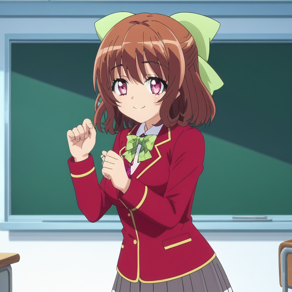 anime , rating_explicit, anime screencap, anime style, Perfect hands, detailed hair, Perfect fingers,  School, classroom Solo, solo 1girl, smile, 1 girl, green bow, bow, solo, brown hair, medium hair, pink eyes, hair bow, jacket, school uniform, brown hair, red jacket, blazer, plaid bow, green ribbon ((Medium breast)), thick things, thick hips, medium ass, curvy body,
