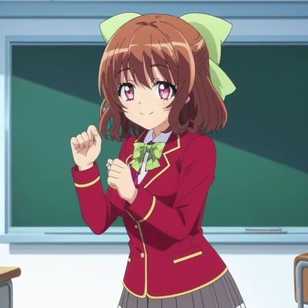 anime , rating_explicit, anime screencap, anime style, Perfect hands, detailed hair, Perfect fingers, School, classroom Solo, solo 1girl, smile, 1 girl, green bow, bow, solo, brown hair, medium hair, pink eyes, hair bow, jacket, school uniform, brown hair, red jacket, blazer, plaid bow, green ribbon ((Medium breast)), thick things, thick hips, medium ass, curvy body,