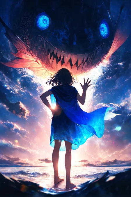 1girl, facing away, monster fish, big fish, sharp teeth, sea, depth of field, lens flare, distortion, waving, arm on hip, foreshortening, blue cape, barefoot, masterpiece, best quality, amazing quality