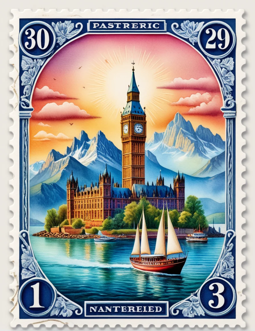 Hyperrealistic, a beautiful stamp art, intricate vintage travel designs, vibrant colors, detailed textures, iconic landmarks, soft natural lighting, ethereal glow, intricate patterns, realistic shadows, fine details, ultra-quality, travel theme, classic postcards, watercolor effects, detailed backgrounds, elegant frames, decorative elements, historic landmarks, nostalgic feel, rich hues