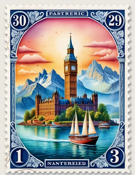 Hyperrealistic, a beautiful stamp art, intricate vintage travel designs, vibrant colors, detailed textures, iconic landmarks, soft natural lighting, ethereal glow, intricate patterns, realistic shadows, fine details, ultra-quality, travel theme, classic postcards, watercolor effects, detailed backgrounds, elegant frames, decorative elements, historic landmarks, nostalgic feel, rich hues