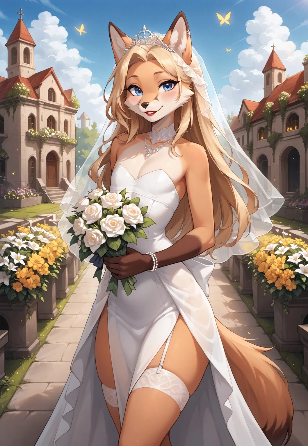 safe_pos, masterpiece, score_9_up, score_8_up, score_7_up, score_6_up, source_furry, (best quality:1.1), ultra-detailed, high resolution, highly detailed macro illustration, solo BREAK 1boy, girly, anthro fox, Femboy, (beautiful blue eyes), Long eyelashes, Blonde long hair, black nose, red lipstick, slim, Fox tail, bottom heavy, Thick thighs, (sexy expression, cute face:1.2), wedding dress, jewelry, tiara, looking at viewer, (holding a bouquet of flowers) BREAK outside, columns, wedding, nature, garden, flowers, flying butterflies, sky, church in the background BREAK Highly Visible, sharp focus, perfect lighting, anatomically correct, extremely detailed, high detail, Expressiveh, OverallDetail, zPDXL3, good_hands