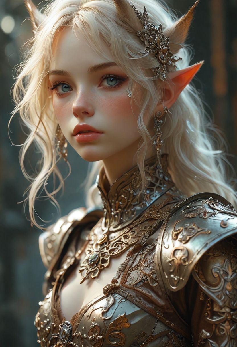 A 24 year old Blond hair girl-fox with elfin features. She wears a fairypunk adornments, delicate patterns and intricate filigree. (cleavage), top too small, skindentation, plunging neckline, bursting breasts, breastplate, Gladiator,  chainmail, silver armor, Silver clothes, Gold Trim, Leather Belts, shoulder armor, (navel:1.2),  gauntlets, thigh armor, hip armor, huge eyes, fleshy big lips,  too much jewelry, long legs, fake eyelashes, long hair, makeup, medium breasts (pointy ears:1.2), 
Cowboy shot, body focus
Reminiscent of Karol Bak's work, 
Translucency
moody picture
volumetric light
translucency
Depth of Field
Low Saturation
dramatic light
high contrast, vivid lighting,
dark background, 
screen space reflections (ssr)
abstract techniques, 
AirBrush effects, 
decorative details, 
64k resolution,
popularized on Artstation,