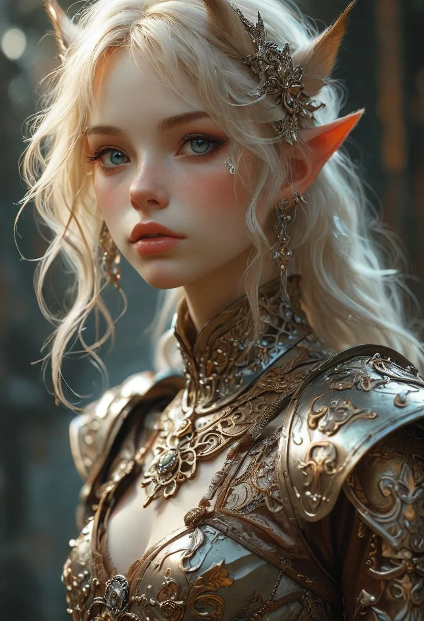 A 24 year old Blond hair girl-fox with elfin features. She wears a fairypunk adornments, delicate patterns and intricate filigree. (cleavage), top too small, skindentation, plunging neckline, bursting breasts, breastplate, Gladiator, chainmail, silver armor, Silver clothes, Gold Trim, Leather Belts, shoulder armor, (navel:1.2), gauntlets, thigh armor, hip armor, huge eyes, fleshy big lips, too much jewelry, long legs, fake eyelashes, long hair, makeup, medium breasts (pointy ears:1.2),
Cowboy shot, body focus
Reminiscent of Karol Bak's work,
Translucency
moody picture
volumetric light
translucency
Depth of Field
Low Saturation
dramatic light
high contrast, vivid lighting,
dark background,
screen space reflections (ssr)
abstract techniques,
AirBrush effects,
decorative details,
64k resolution,
popularized on Artstation,