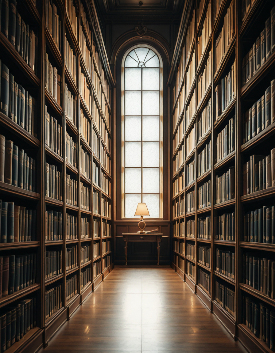 A quiet and dimly lit aisle in a grand university library, lined with tall wooden bookshelves filled with countless books of various sizes and colors. The shelves stretch high, nearly reaching the ceiling, with small ladders placed along the aisle for access to the upper rows. The soft glow of overhead lights casts a warm ambiance, illuminating the dust particles floating in the air. The floor is covered in polished hardwood or a subtle-patterned carpet, absorbing the quiet footsteps of visitors. At the far end of the aisle, a large window lets in a gentle stream of natural light, creating a contrast between the warm artificial glow and the cool daylight. Some books are slightly pulled out from the shelves, and a few are stacked on a nearby wooden table, suggesting recent use. The atmosphere is serene and intellectual, evoking a sense of knowledge, discovery, and timeless academia. The composition is symmetrical, drawing the eye down the center of the aisle, creating depth and perspective.
<lora:SDXLFaeTastic2400:0.4> <lora:extremely_detailed:0.4> extremely detailed, <lora:University_Library_41sl3-ill:1>,University Library 41sl3, Masterpiece,best quality,hi res,8k,hi res,8k,award winning,(sharp focus, intricate, highly detailed),