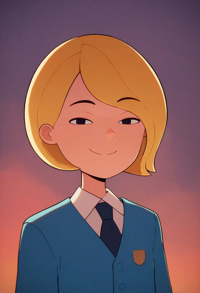 score_9, score_8_up, score_7_up, best quality, 4k, prefect lighting, source_cartoon, blonde hair,
1girl, solo, smile, closed mouth, looking at viewer, school uniform, flat chest, short hair, black eyes, upper body