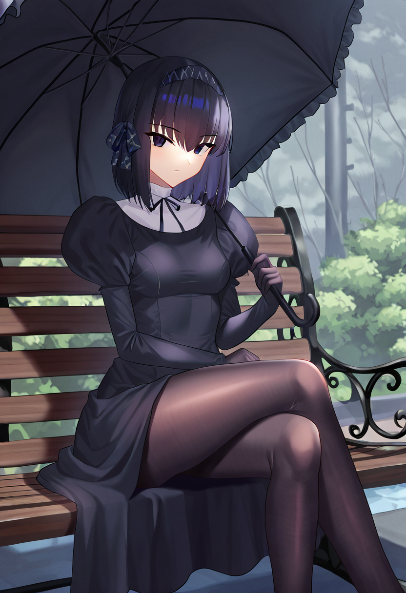 1girl, solo, kuonji alice,  questionable, holding umbrella, looking at viewer, crossed legs, bench, 
 masterpiece, best quality, 8k, absurdres, very aesthetic, kuonji
<lora:Kuonji_ailce-000017:0.8>