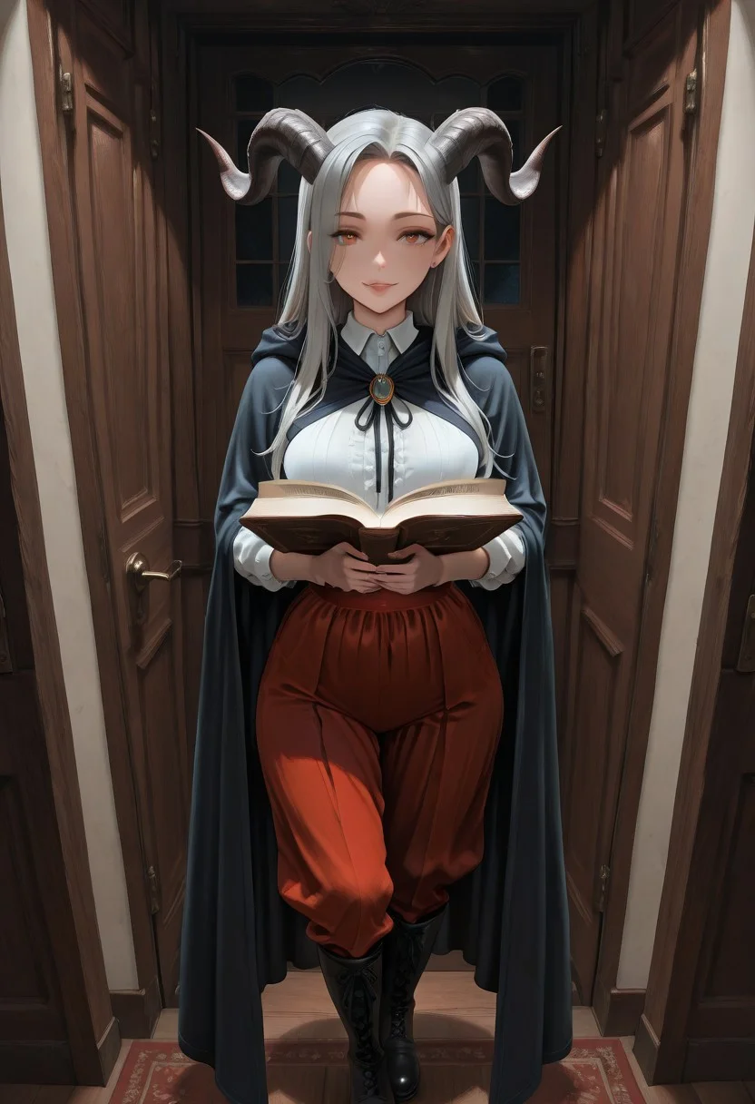 masterpiece, UHD, 8K, high res, high detailed, best quality,
1girl, solo, demoness, younger, long hair, gray hair, two twisted ram's horns on each side of the head, narrow face, amber eyes, thin lips, arrogant expression, petite body, medium breasts, long cape, shirt and fabric pants under the cape, bare stomach, boots, (((take in her hands large book in a massive cover to her chest))), standing, half-turned, on a dark street of a fairy-tale town, at door in home, return home, night,,
awesome background,
aidmaimageupgrader