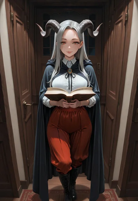 masterpiece, UHD, 8K, high res, high detailed, best quality,
1girl, solo, demoness, younger, long hair, gray hair, two twisted ram's horns on each side of the head, narrow face, amber eyes, thin lips, arrogant expression, petite body, medium breasts, long cape, shirt and fabric pants under the cape, bare stomach, boots, (((take in her hands large book in a massive cover to her chest))), standing, half-turned, on a dark street of a fairy-tale town, at door in home, return home, night,,
awesome background,
aidmaimageupgrader
