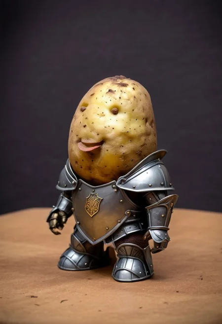 a potato in knights armor, normal potato, cute, scene from game of potato thrones