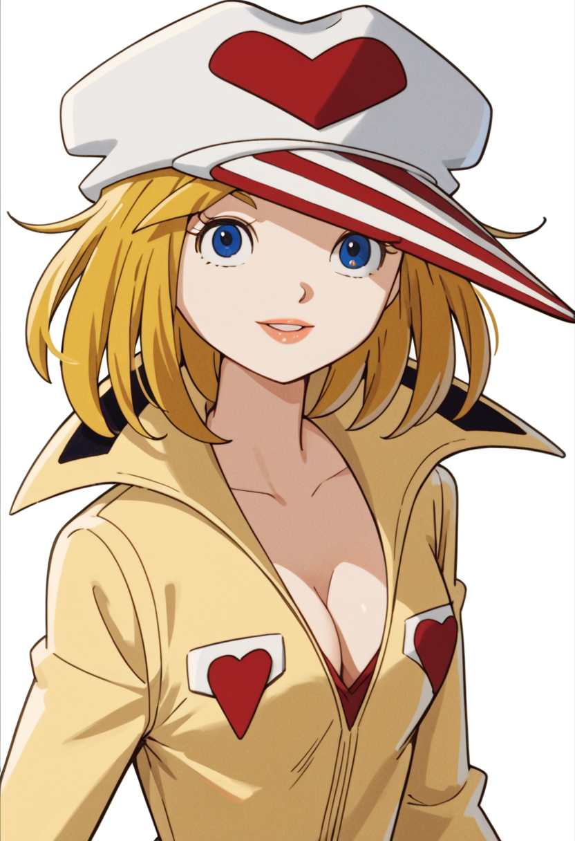 1girl, solo, yatterman2, yellow jumpsuit, hat, blonde hair, blue eyes, parted lips, smile, looking at viewer, cleavage, medium breasts, white background, score_9, score_8_up, score_7_up, score_6_up, score_5_up, score_4_up, best quality, masterpiece, source_anime, <lora:Ai_Kaminari__Ai-chan__Yatterman-2_Yatterman__YattÄman_19771979:1>