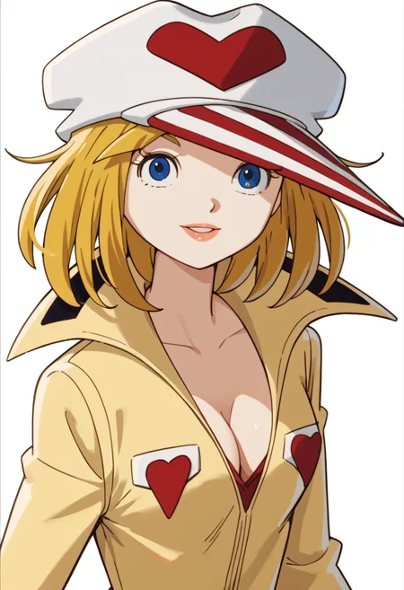 1girl, solo, yatterman2, yellow jumpsuit, hat, blonde hair, blue eyes, parted lips, smile, looking at viewer, cleavage, medium breasts, white background, score_9, score_8_up, score_7_up, score_6_up, score_5_up, score_4_up, best quality, masterpiece, source_anime, <lora:Ai_Kaminari__Ai-chan__Yatterman-2_Yatterman__YattÄman_19771979:1>