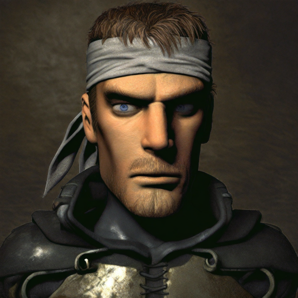 official art,  masterpiece, best quality, absurdres, very aesthetic, Fallout_head, 3d, portrait, 1boy, male focus, solo, solid snake, bandana, brown hair, stubble, sneaking suit, looking at viewer, surprised