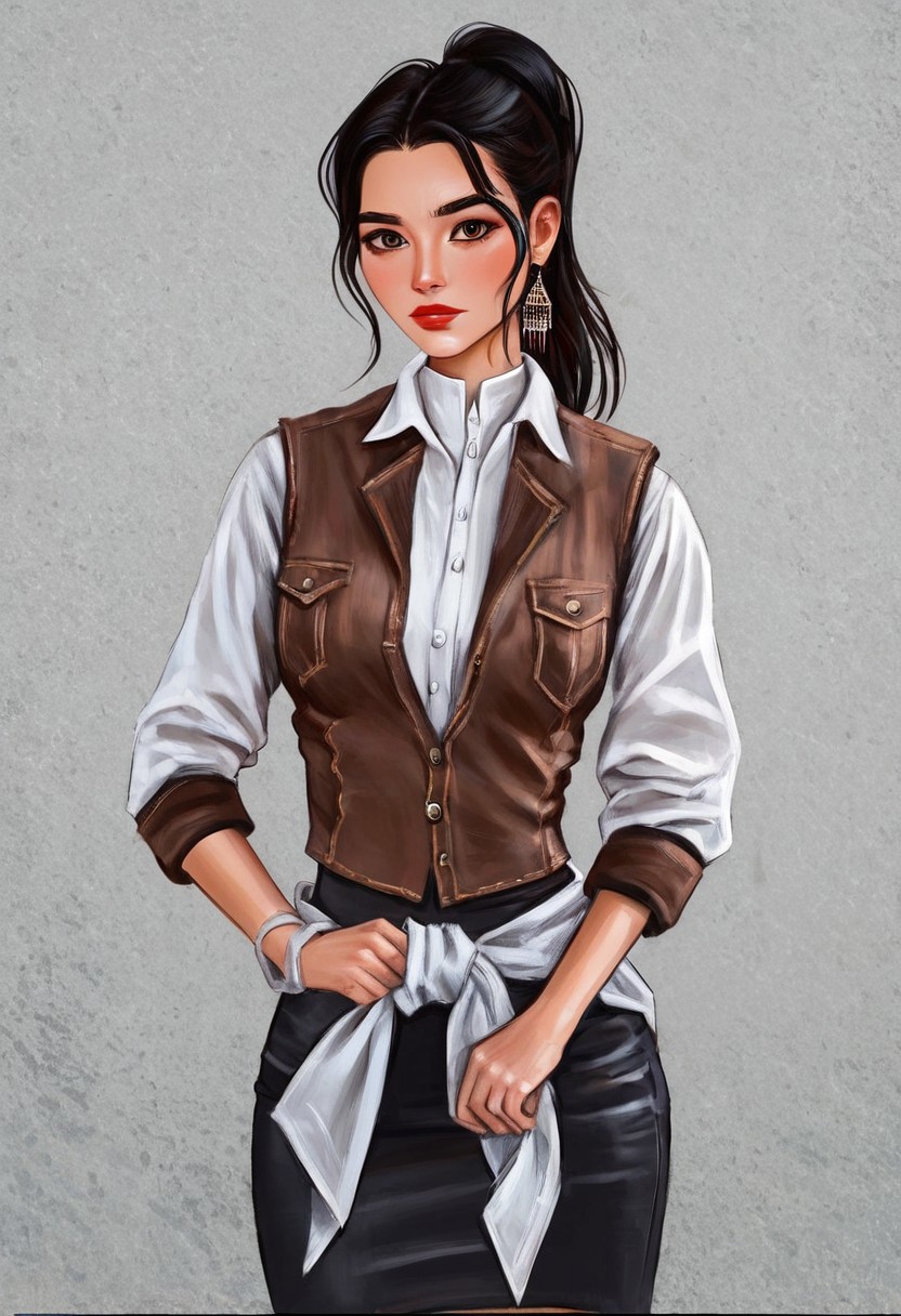 score_9, score_8_up, score_7_up, score_6_up, 1girl, solo, 20 years old, brown cropped vest, unbuttoned, white collar shirt, rolled sleeves, black ponytail, pencil skirt, beautiful, mixed race, flawless skin, beautiful eyes, medium breasts, shirt tied around waist, KZKST