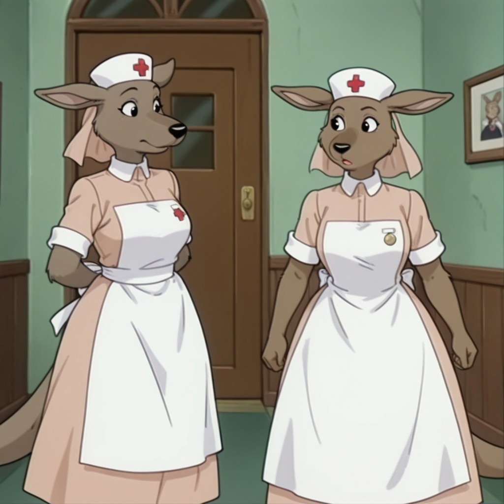 masterpiece, best quality, amazing quality, roonurseil, semi-anthro, female, kangaroo, brown fur, black eyes, pink dress, white trim, white apron, medal, white nurse cap, pink veil, red cross, standing, inside