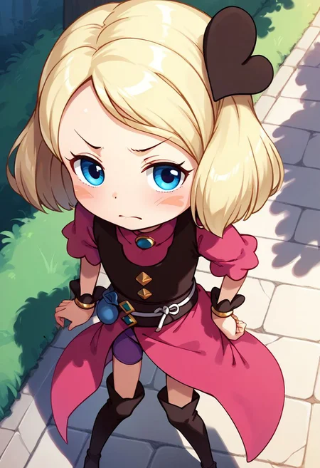 score_9, score_8_up, score_7_up, best quality, uncensored, source_anime, BREAK
1girl, sw-mayone, blond hair, short hair, heart hair ornament, blure eyes, blush stickers, pink dress, brown vest, sw-mayone outfit, purple bike shorts, brown thigh boots,
from above, leaning forward, :d, outdoors, 
<lora:sdxl_lightning_8step_lora:1> <lora:sw-mayone_XL(pony):1>