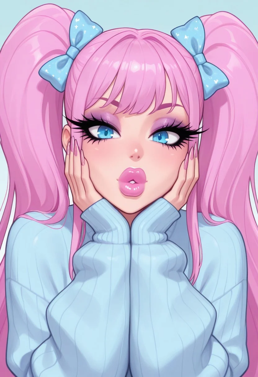 masterpiece, best quality, newest, absurdres, cute, extreme eyelashes, big lips, bimbo, eyeshadow, long nails, light blue clothes, pink hair, twintails, hair bows, sweater