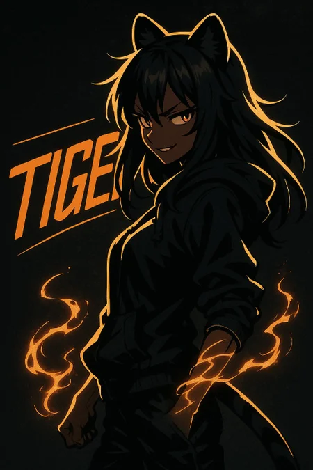 create a very creative japanese anime-style drawing, black theme human tiger girl, spunky, black tiger ears, dark skin, monochrome theme, flat color, sharp edges, deep contrast, anime, thug girl, from side, dynamic angle, movie scene, poster art, dark background, neon orange shadows with gold outlines, ultra detailed anime, great texturing, She has subtle electric flames partially spiraling around her lower arms softly in a slight glowing fashion, spot color, In the background behind her is the text "TIGER" in stylish slanted and clean orange letters portraying a bold graffiti and polished font. dappled spot light, backlighting, teasing face, anime style