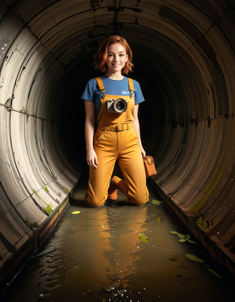 A young woman, April O'Neil, stands confidently in front of a large, circular sewer pipe,L4rg3 s3w3r p1p3. She has vibrant red, shoulder-length wavy hair and wears her iconic bright yellow jumpsuit with utility-style details, such as rolled-up sleeves and visible pockets. A brown utility belt is fastened around her waist. She holds a microphone or a small camera in one hand, highlighting her role as a journalist. Her expression is determined and slightly smiling, radiating courage and curiosity.
The sewer pipe behind her is massive and weathered, with green moss and moisture stains around its edges. The interior of the pipe is dark and shadowy, while the exterior is illuminated by soft natural light. There is a small puddle of water or wet ground in front of the pipe, reflecting faint light.
The background features an urban, industrial setting with worn brickwork surrounding the sewer opening, showing signs of age and decay. Small wild plants and grass grow around the base, adding a touch of nature to the scene.
The lighting is soft and dramatic, with natural sunlight streaming in and casting gentle reflections on the ground and inside the pipe. The image is styled as a semi-realistic illustration with vivid, bright colors for April O'Neil, contrasting with the muted, earthy tones of the background. The overall mood is adventurous and cinematic.<lora:SDXLFaeTastic2400:0.4> <lora:extremely_detailed:0.4> extremely detailed, <lora:L4rg3_s3w3r_p1p3:1>, Masterpiece,best quality,hi res,8k,hi res,8k,award winning,(sharp focus, intricate, highly detailed),
