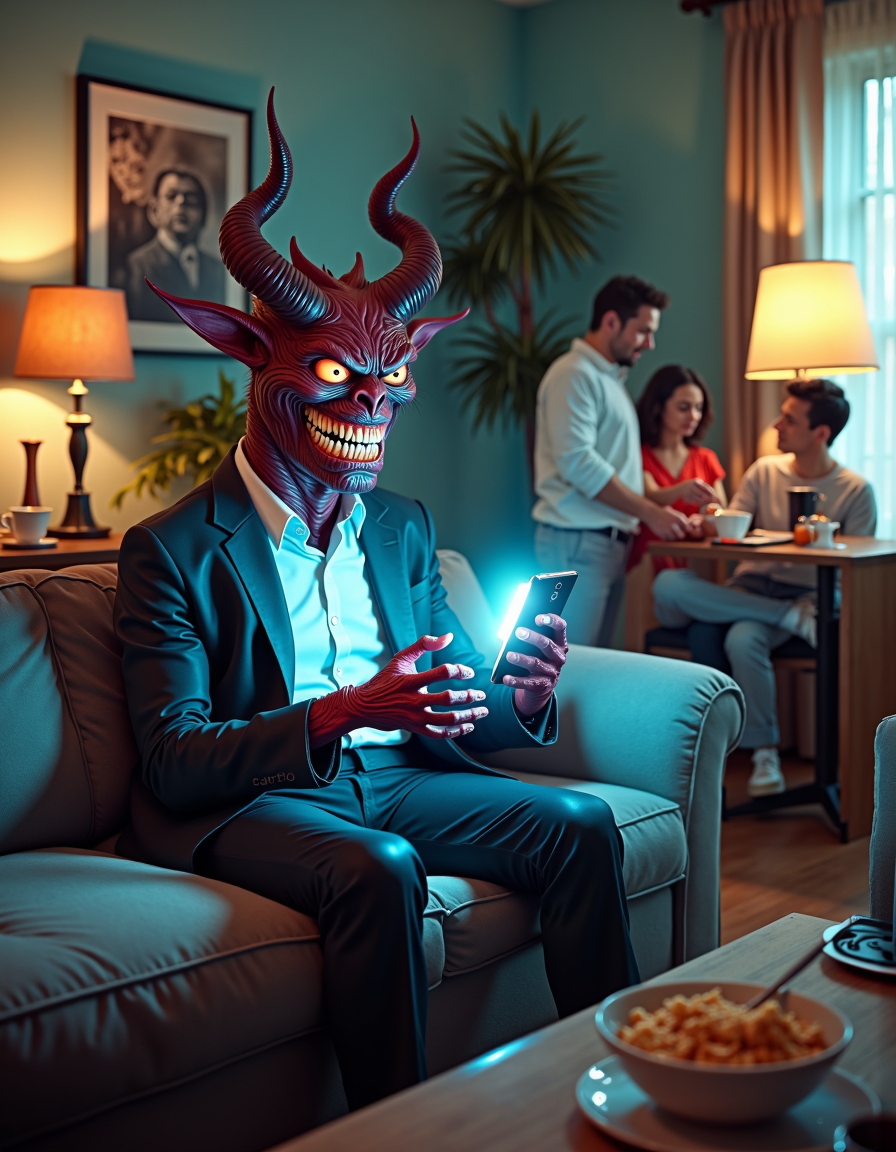 Hyper-realistic digital painting of a comically inept demon attempting to haunt a modern apartment. The demon, with vibrant red skin, tiny vestigial wings, and stubby horns, struggles to operate a smartphone while seated on a plush grey couch. Its expression is a mix of frustration and confusion, sharp teeth bared in a grimace. The creature wears an outdated, ill-fitting business suit with shoulder pads, clashing horribly with its otherworldly appearance. In the background, a millennial couple casually eats cereal, completely unfazed by the demon's presence. The apartment is a blend of contemporary minimalist design and subtle horror elements: a stylish lamp casts eerie shadows, houseplants wilt slightly, and a smart home device glows with an ominous red light. A half-empty moving box labeled "Summoning Supplies" sits in the corner, spilling out comical items like rubber chickens and novelty candles. The lighting is a contrast of warm, cozy tones from table lamps and the cool blue glow of the smartphone screen illuminating the demon's bewildered face. Fine details include the demon's leathery texture, the soft fabric of the couch, and the steam rising from the couple's coffee mugs, creating a surreal juxtaposition of the mundane and the infernal.