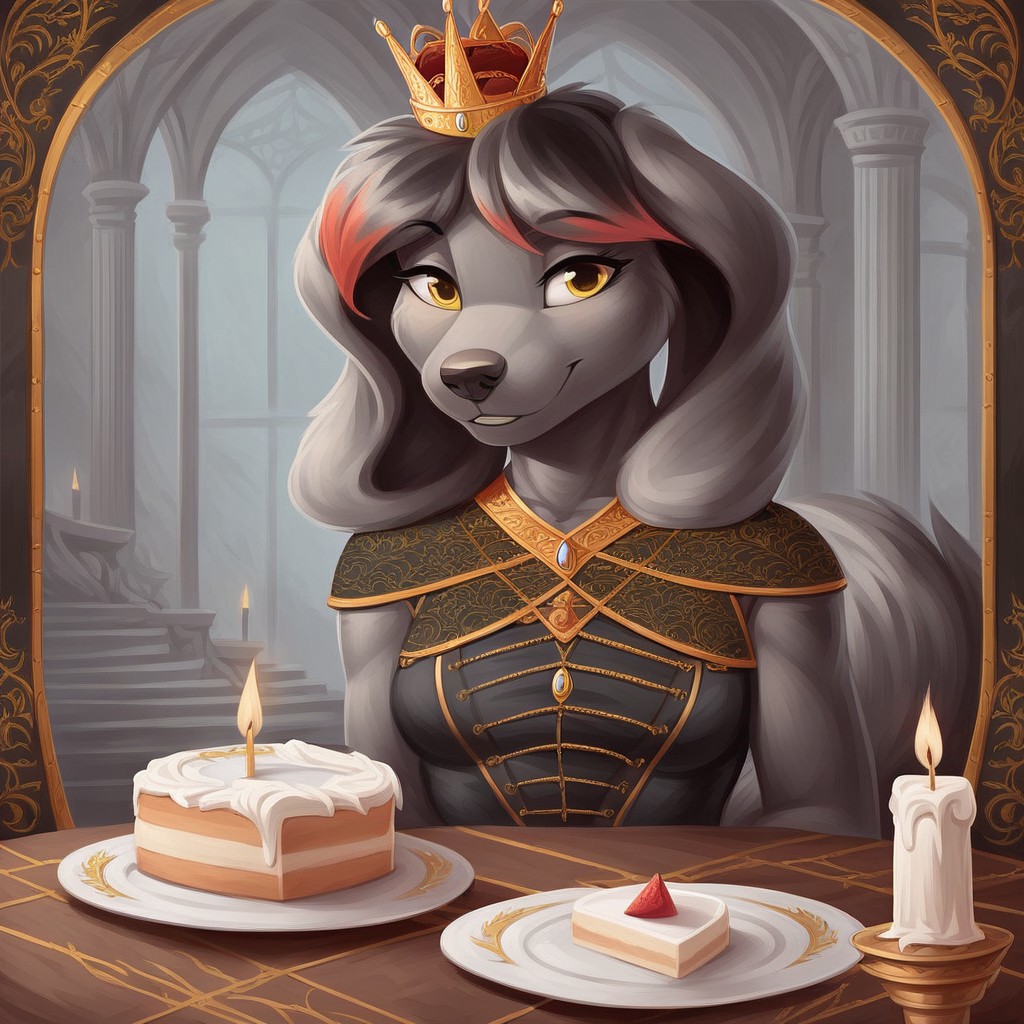 masterpiece, score_9_up, score_8_up, score_7_up, score_6_up, source_furry, (best quality:1.2), ultra-detailed, high resolution, 1dog girl, solo, Princess Molly, female, anthro, canine, slim body, (((beautiful detailed yellow eyes))), long eyelashes, black fur, short black hair, red hair tips, fluffy tail, big floppy dog ears, animal nose, small breast, royal clothes, crown, grand medieval banquet hall, large table, cake on the table, golden goblets, rich decor, Molly sitting at the head of the table, relax posture, smiling, candles and chandeliers illuminating the scene, detailed background, sharp focus