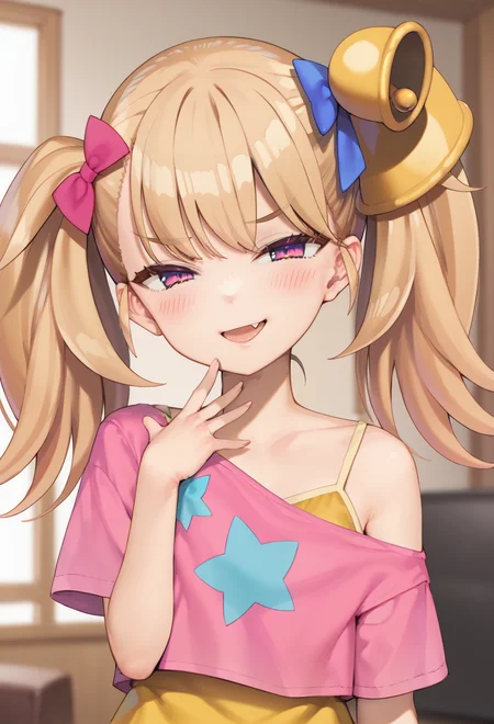 score_9, score_8_up, score_7_up, source_anime, 1girl, solo, solo focus, safe focus, portrait,
msgk_ririn_chan, short, short stature,
fang, twintails, hair bow, hair ornament, bell,
, off shoulder
, layered pink t-shirt over camisole
<lora:Mesugaki_Concept_v1.1:0.8> mesugaki, smug, skin fang, hand on own mouth,
<lora:Msgk-Ririn-chan-Pony-v2-rev2_1-000019:0.9>
blush, living room,