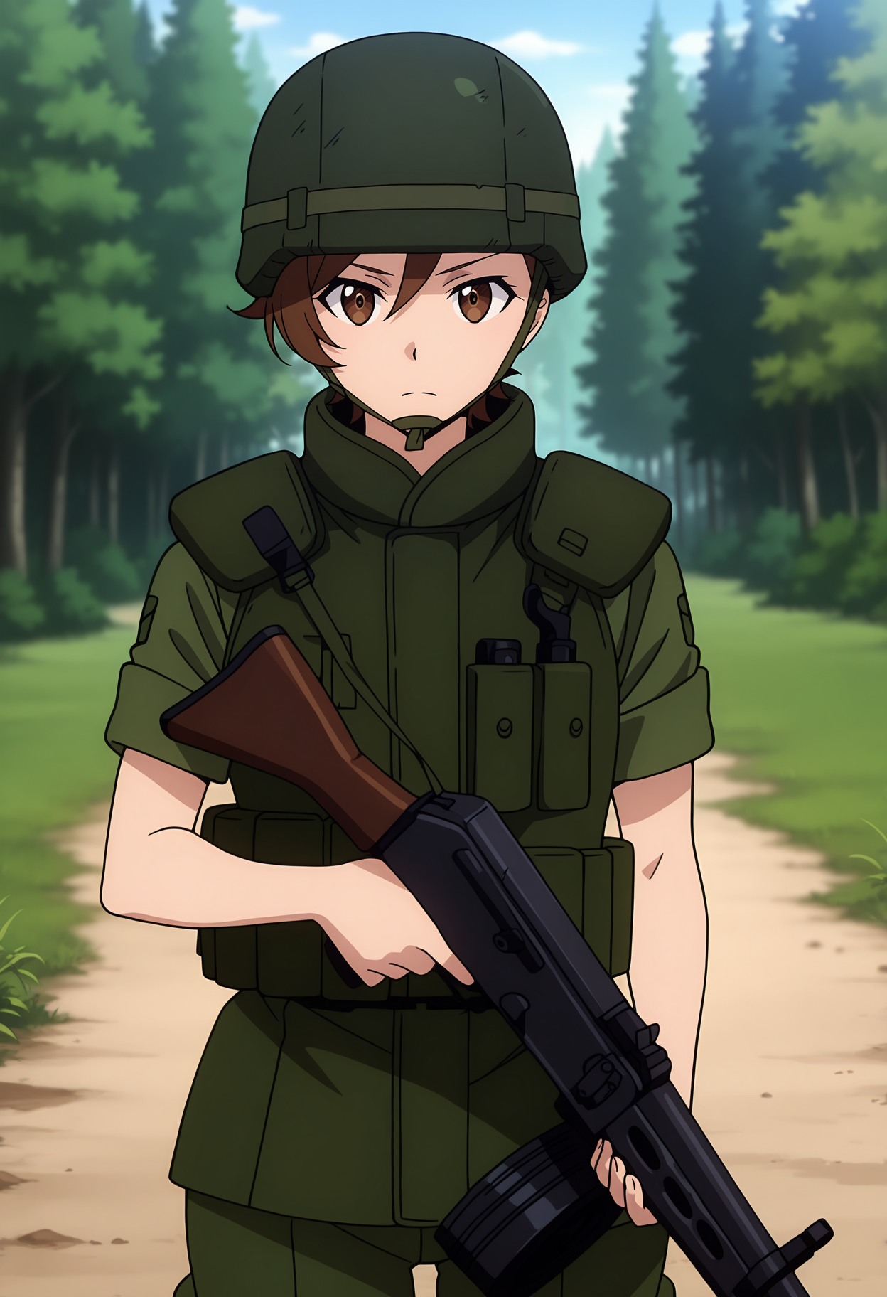 anime screencap, masterpiece, best quality,
<lora:GATE_KuribayashiShino_IlluXL:0.9>,
1girl, solo, serious,
short hair, brown hair, brown eyes,
combat helmet, chin strap, military uniform, green shirt, short sleeves, body armor, green pants,
holding gun, machine gun,
standing, looking at viewer, cowboy shot,
outdoors, forest, foliage, dirt road, blue sky, day, blurry background