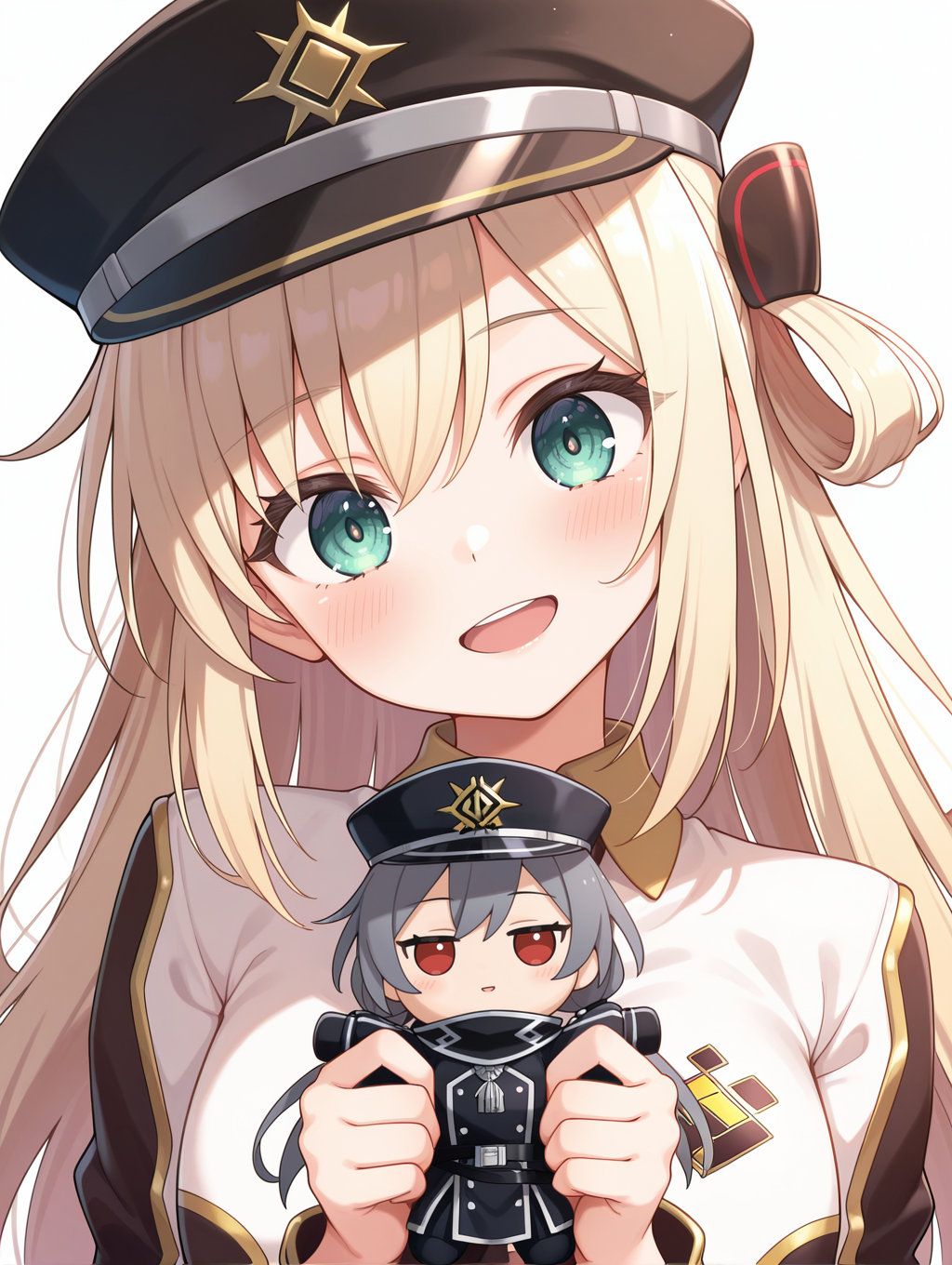blush, simple background, white background, solo, holding doll, character doll, head tilt, open mouth, 2girls, smile, upper body, sky striker ace - raye, ordinary uniform, brown hair ornament, white cropped jacket, brown waist cape, white collared dress, brown necktie, sky striker ace - roze, black peaked cap, black scarf, black military uniform,
masterpiece,best quality,amazing quality,very aesthetic,absurdres,newest,<lora:Sky striker ace - Raye & Roze illusXL v1.1:0.71>,