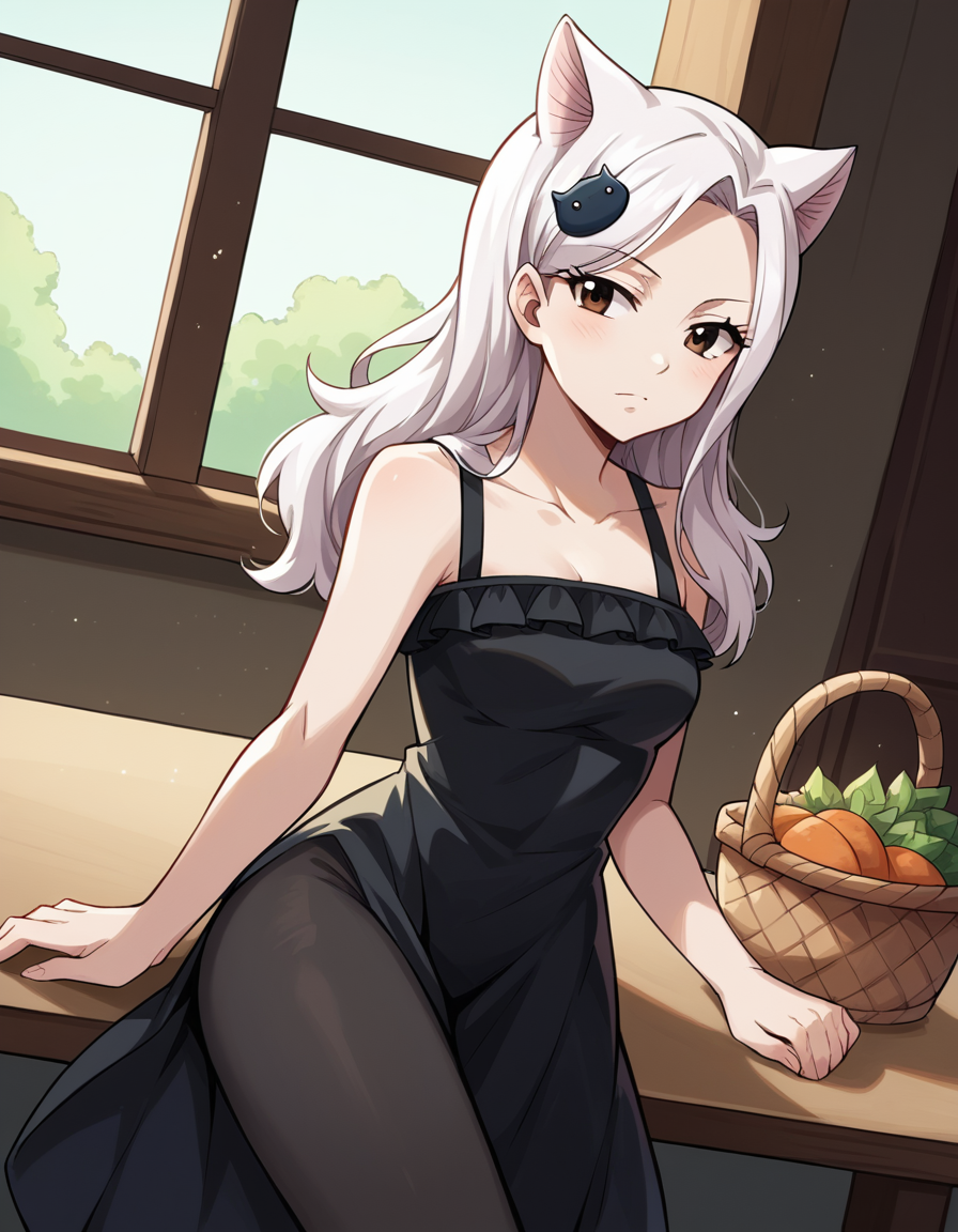 score_9, score_8_up, score_7_up, source_anime, <lora:fairytail-carla-anime-ponyxl-lora-nochekaiser:1>, fairy tail carla, long hair, hair ornament, animal ears, brown eyes, white hair, cat ears,, dress, pantyhose, black dress, black pantyhose, frills, bare shoulders, collarbone,, farmers market, fresh produce, local vendors, baskets, sunny day, community, , , arm resting on table, solo,, cowboy shot, dutch angle