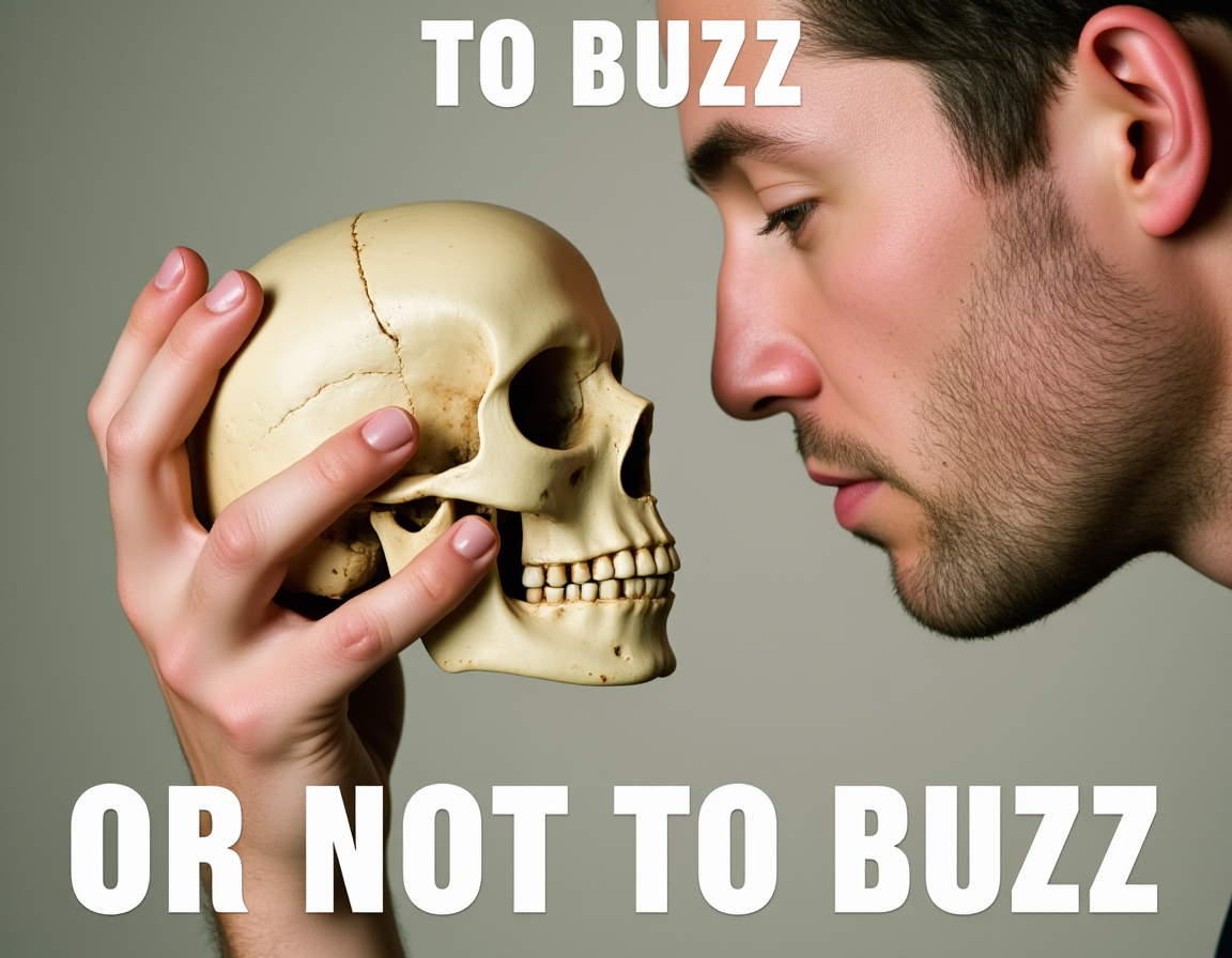 Closeup of a man holding a skull in his hand, man is staring the skull in the eyes, text above "TO BUZZ" and text below "OR NOT TO BUZZ"