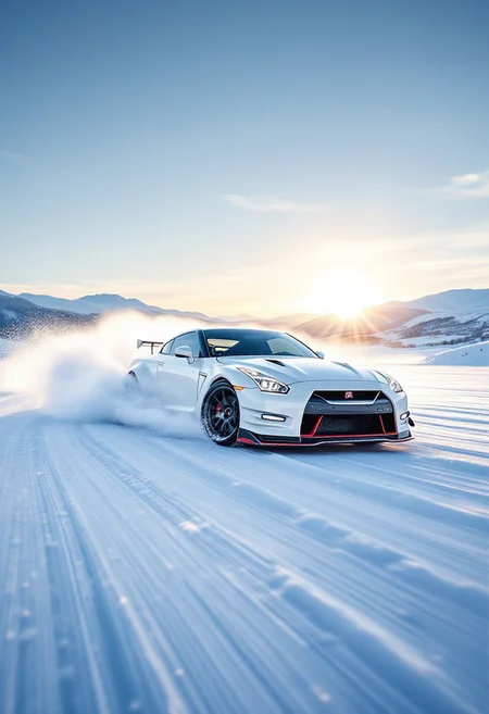 A white R35 GTR NISMO drifting through perfect snow on Hokkaido's winter proving grounds. Snow particles flying dramatically from all four wheels.