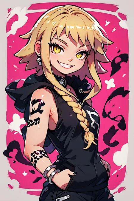 score_9, score_8_up, score_8, medium breasts, (curvy), cute, eyelashes, BREAK, , zzMedusa, blonde hair, long hair, braid, yellow eyes, tattoo, hood, jewelry, bracelet, sleeveless, nail polish, hoodie, braid, black nails, <lora:Medusa_SoulEater_PDXL_v2:1.0>, BREAK, smile, looking at viewer, cowboy shot, ,,, embedding:zPDXL, Expressiveh, ,,, <lora:CuteToonPDXL:1.0>, <lora:SDXLFaeTastic2400:0.5>, <lora:Expressive_H-000001:0.4>,