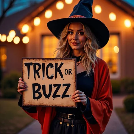 trick or buzz sign held up at a house a pretty woman is trick or treating at dressed in halloween costume