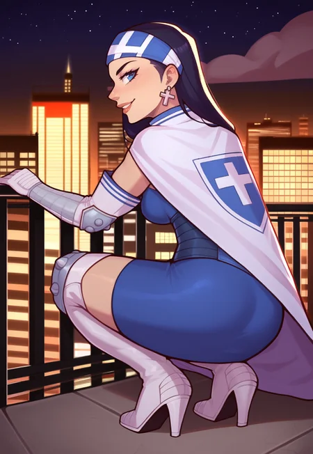 safe_pos, score_9, score_8_up, score_7_up, masterpiece, absurdres, source_anime, ng_deepnegative_v1_75t, detailed, (perfect anatomy:1.1), perfect body, (perfect hands:1.2), fullbody shot, night, rooftop, railing, city lights
BREAK
bethsmtii, long hair, black hair, (headband, cross symbol), blue bodysuit, blue skirt, cape, elbow gloves, thigh boots, cross earrings, crouching, hand supporting chin, ((looking to the viewer)), smile, curvy:0.9, close legs