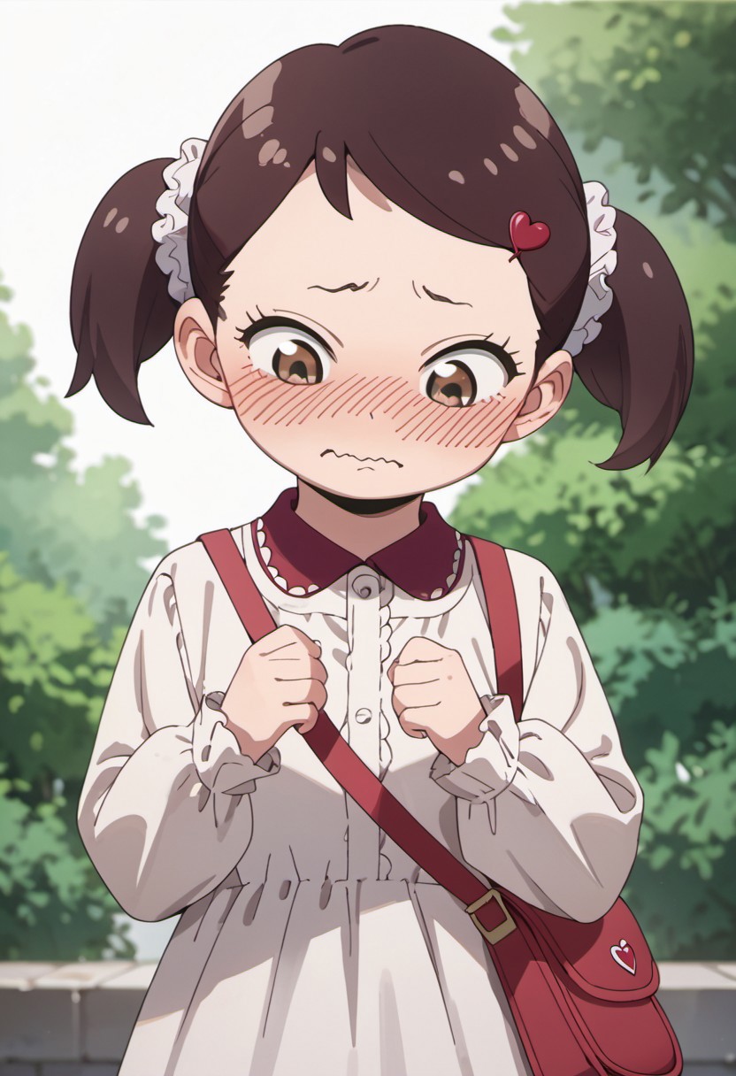 score_9, score_8_up, score_7_up, source_anime, becky blackbell, female child, child, brown hair, brown eyes, short twintails, 1girl, twintails, blush, solo, heart hair ornament, dress, bag, looking down, hairclip, long sleeves, wavy mouth