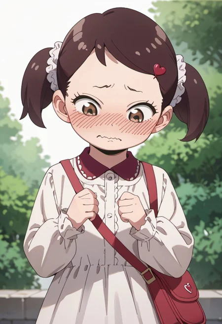 score_9, score_8_up, score_7_up, source_anime, becky blackbell, female child, child, brown hair, brown eyes, short twintails, 1girl, twintails, blush, solo, heart hair ornament, dress, bag, looking down, hairclip, long sleeves, wavy mouth