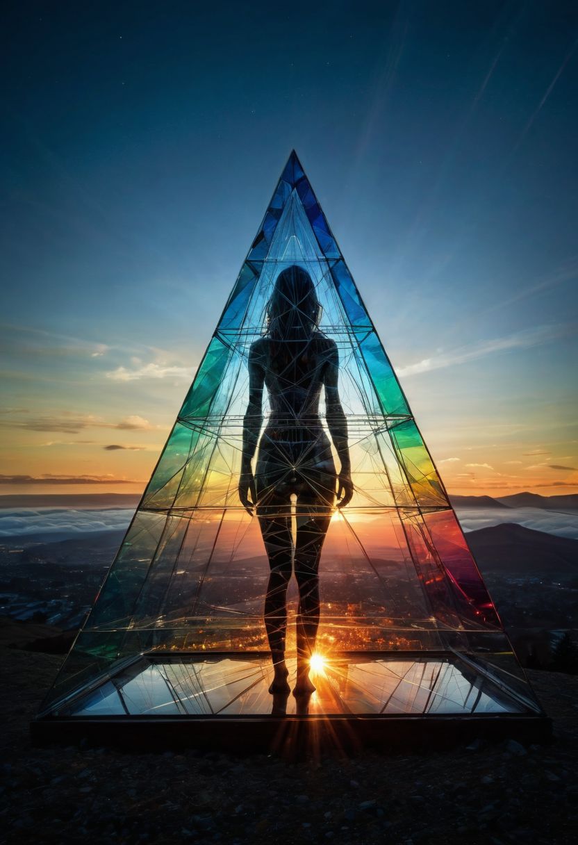 mysterious silhouette woman, (light rays, shining on glas pyramid prism, splitting in rainbow colours, dark side of the moon), goddess, alluring, by Minjae Lee, Carne Griffiths, Emily Kell, Steve McCurry, Geoffroy Thoorens, Aaron Horkey, Jordan Grimmer, Greg Rutkowski, amazing depth, double exposure, surreal, geometric patterns, intricately detailed, bokeh,  perfect balanced, deep fine borders, artistic photorealism , smooth,  great masterwork by head of prompt engineering   <lora:add-detail-xl:2>  <lora:Double_Exposure:0.5>