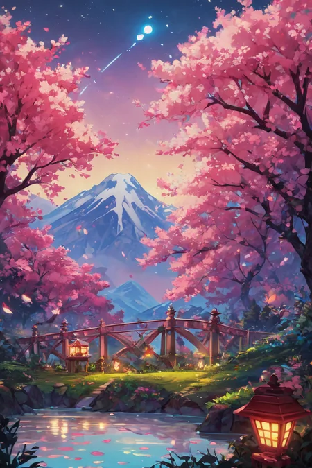 score_9, score_8_up, score_8,   pnkBldng, sky, tree, no humans, lantern, mountain, bridge, river BREAK,  blooming stars, luminescent petals, otherworldly fragrance blurry background, (glowwave:1.1), BREAK,  embedding:zPDXL, Expressiveh,   <lora:PinkBuildingsPDXL_v2:0.6>,  <lora:SDXLFaeTastic2400:0.5>,  <lora:Expressive_H-000001:0.4>,