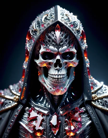 (masterpiece:1.2), best quality, high resolution, perfect lighting, extremely detailed, (crystalz Terminator assasin), battle scared white and black carbon armor, Wearing a dark cloak with hood, skull face just visable under hood, full_armor, humanoid, Metal Human skull head, (extreme detailed micro mechcanical scary Metal human skull design). Samurai sword shinning silver, Runes decorative embossments over his cloak, slim muscular body fast agile and stealthy, background a dark back street with subtle lighting and shadows, at night, facing viewer, solo, made out of crystalz <lora:crystalz-lycoris:1>