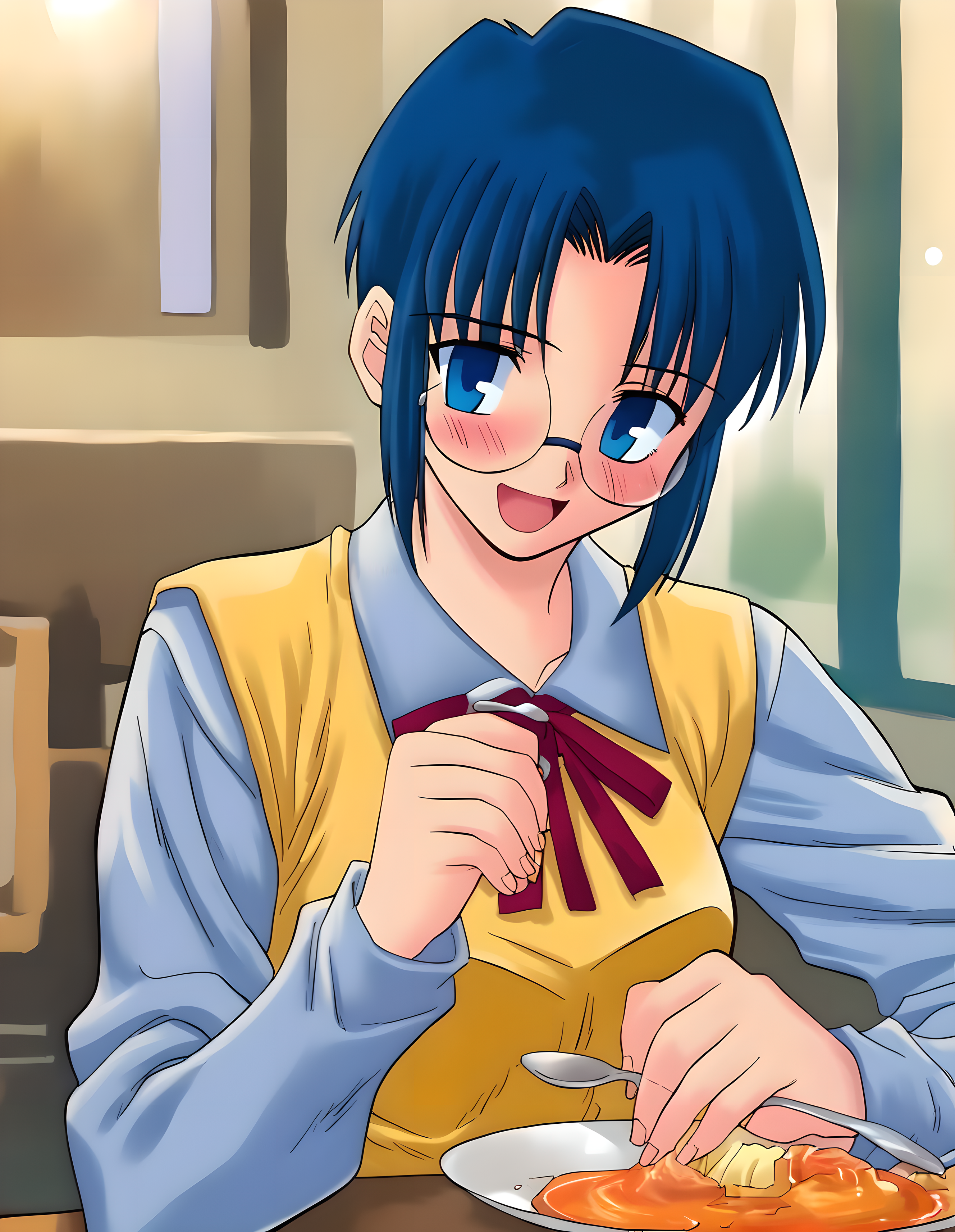 <lora:pony_xl_orig.ciel:0.9>,orig.ciel,score_9,score_8_up,score_7_up,source_anime,best quality,masterpiece,super fine illustration,1girl,solo,glasses,short hair,blue hair,blue eyes,ciel \(tsukihime\),yellow vest,collared shirt,restaurant,curry rice,curry,curry and rice,table,clutching a spoon,holding a spoon,smile,:d,the best smiles,shine your eyes,blush,i'm glad,excitement,open your mouth,upper_body,front view,curry seniors,ignore viewers,